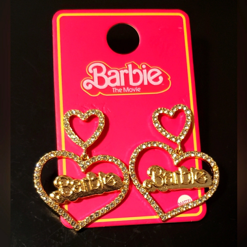 Barbie The Movie 2023 Gold Rhinestone Hearts Drop Earrings NEW